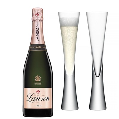 Lanson Le Rose Label Champagne 75cl with LSA Moya Flutes